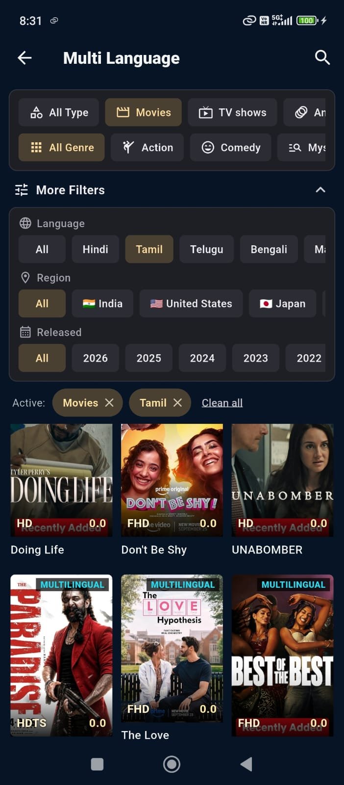 Advanced movie filters for language region and year